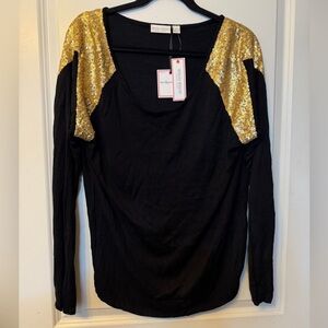 Bisou Bisou XL Black Top with Gold Sequin Accents on Shoulders